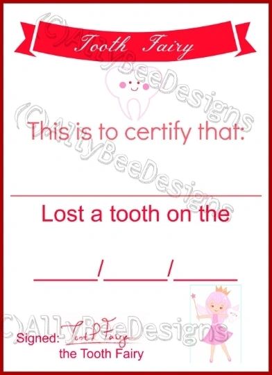 Tooth Fairy Lost Tooth certificates (3 colours)