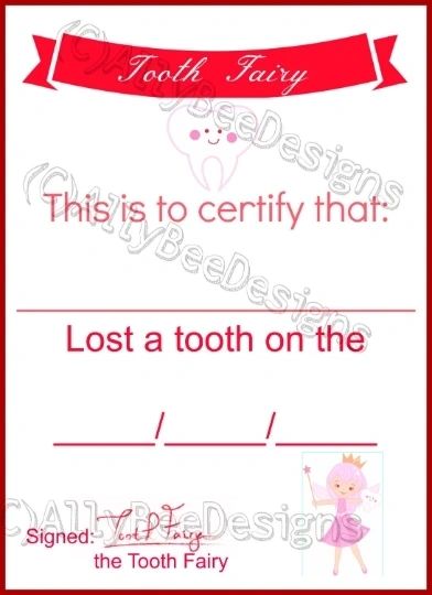 Tooth Fairy Lost Tooth certificates (3 colours)