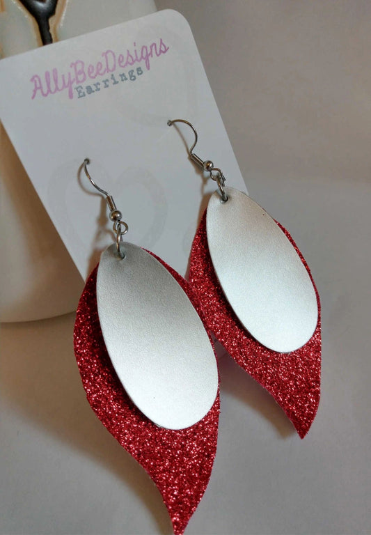 Leatherette Dangle Earrings - Red Sparkle