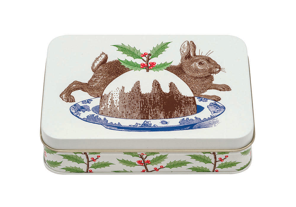 THORNBACK & PEEL CHRISTMAS RABBIT & PUDDING SMALL RECTANGLE TIN