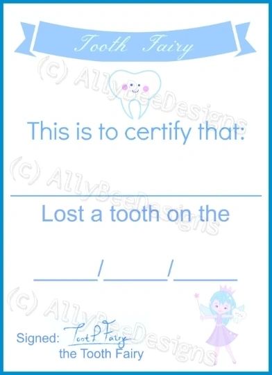 Tooth Fairy Lost Tooth certificates (3 colours)