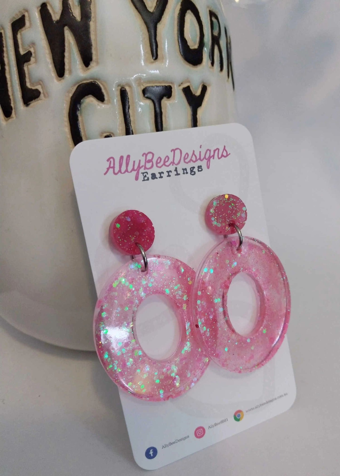 Pink sparkle resin stud dangle - seconds