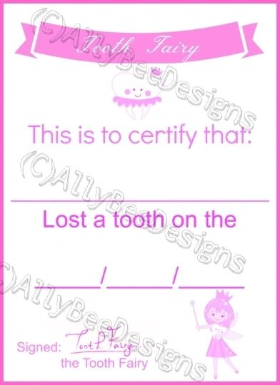 Tooth Fairy Lost Tooth certificates (3 colours)